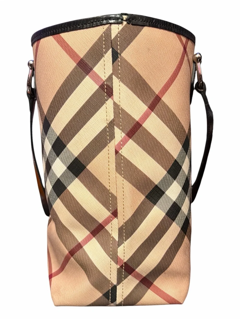 BURBERRY Haymarket Check Canvas & Black Leather Trim Tote Bag